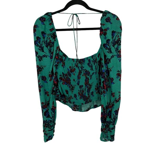 Free People top Hilary Print keyhole neck blouse green Medium M - Picture 5 of 10